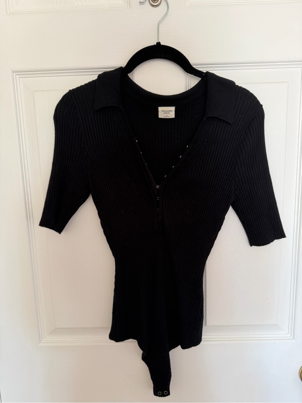 Abercrombie & Fitch Black Ribbed Polo Snap-Front Bodysuit